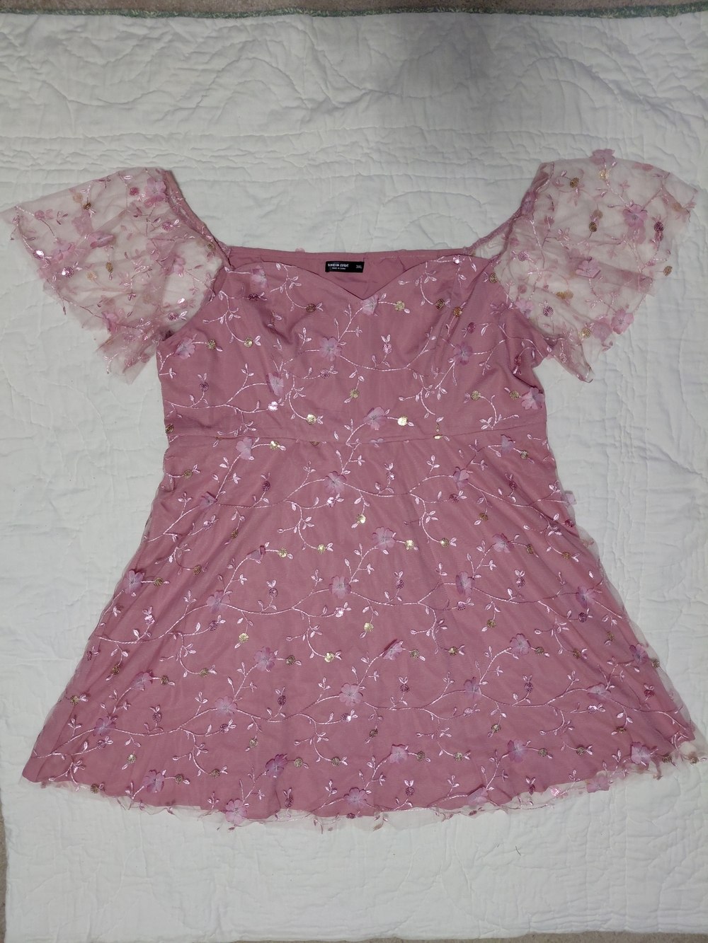 SHEIN Dusty Pink Floral Mesh Puff-Sleeve Top